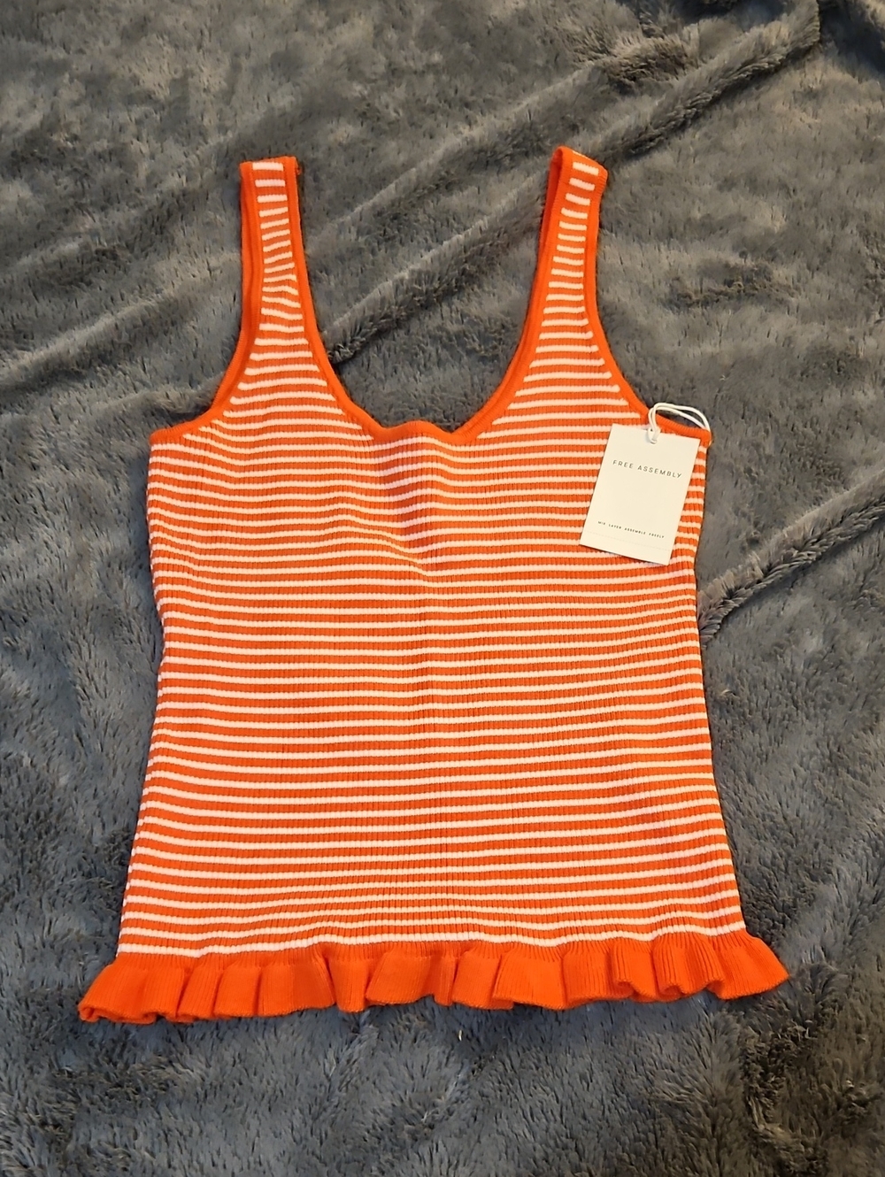 Vince Gathered-Hem Striped Knit Tank in Orange/White